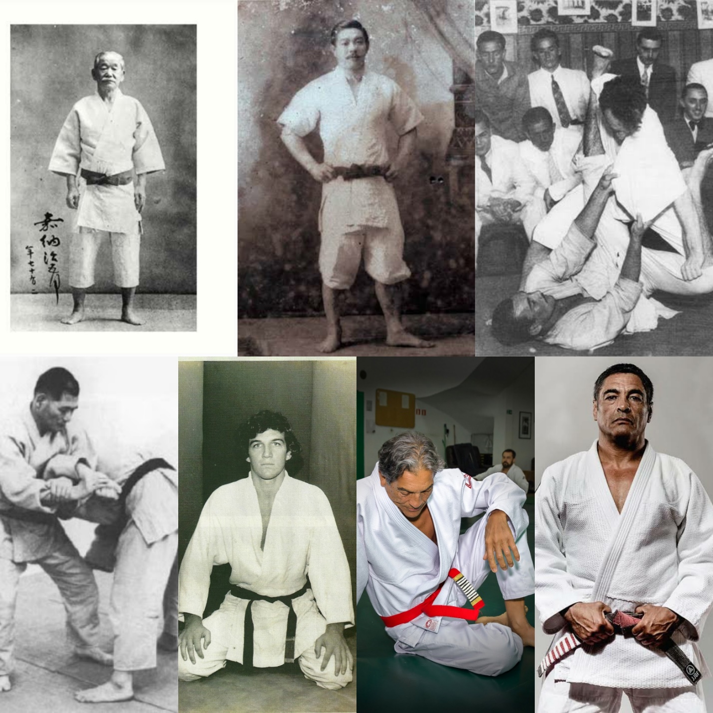 Historical black-and-white portraits and Ju Jutsu training photographs